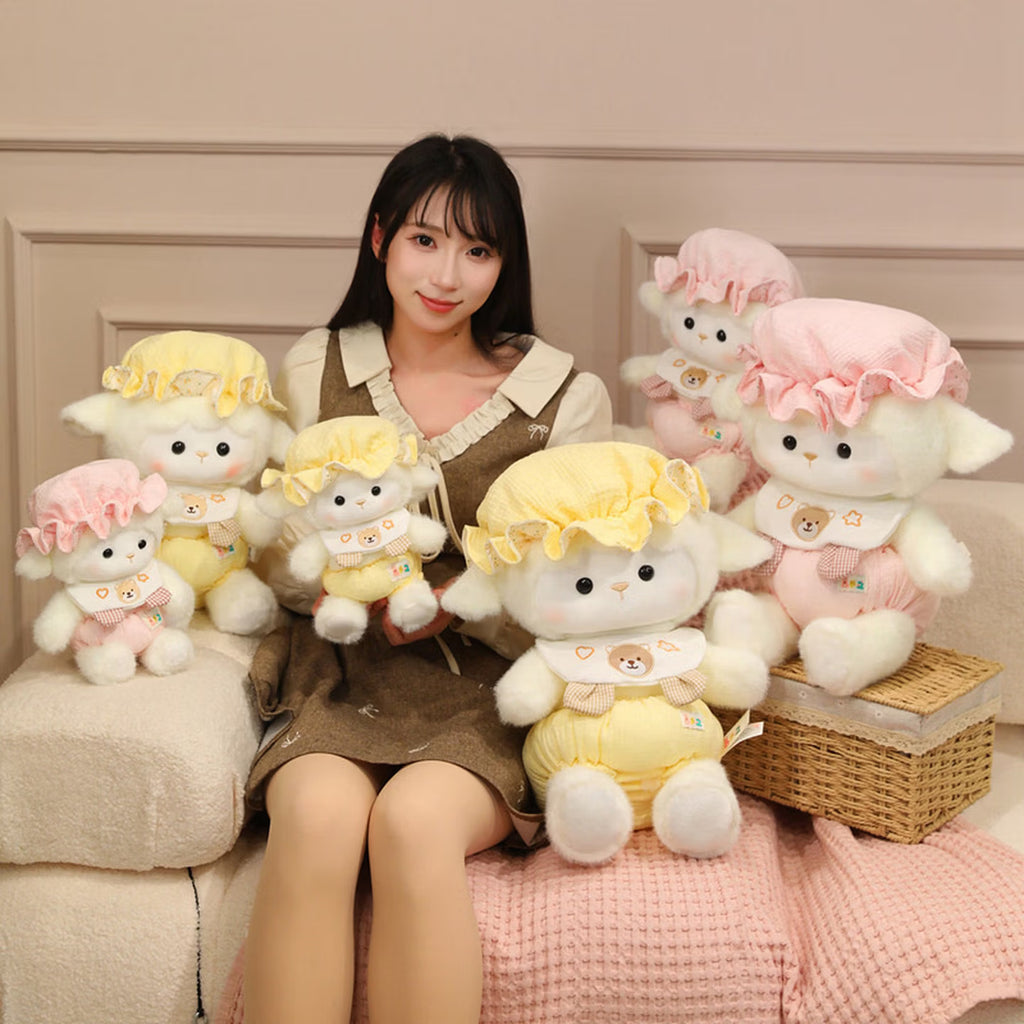 Little Lamb Plush Doll Soft Toy Doll Pillow Gift for Children's Day Girls Girlfriend 520 Birthday Gift Yellow Sleeping Cap Little Lamb Tote Bag 40 cm